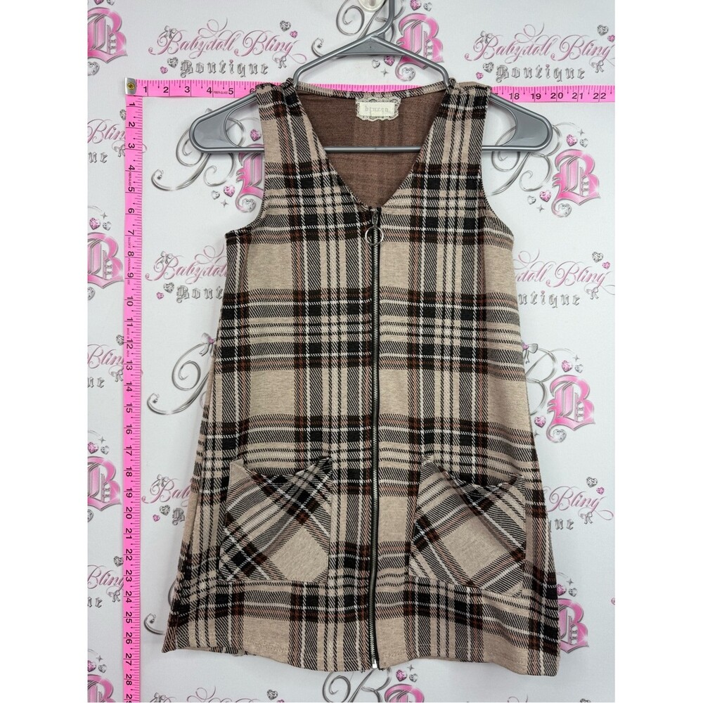 btween vest cardigan plaid Beige Brown Plaid Zip-Front Tank Top